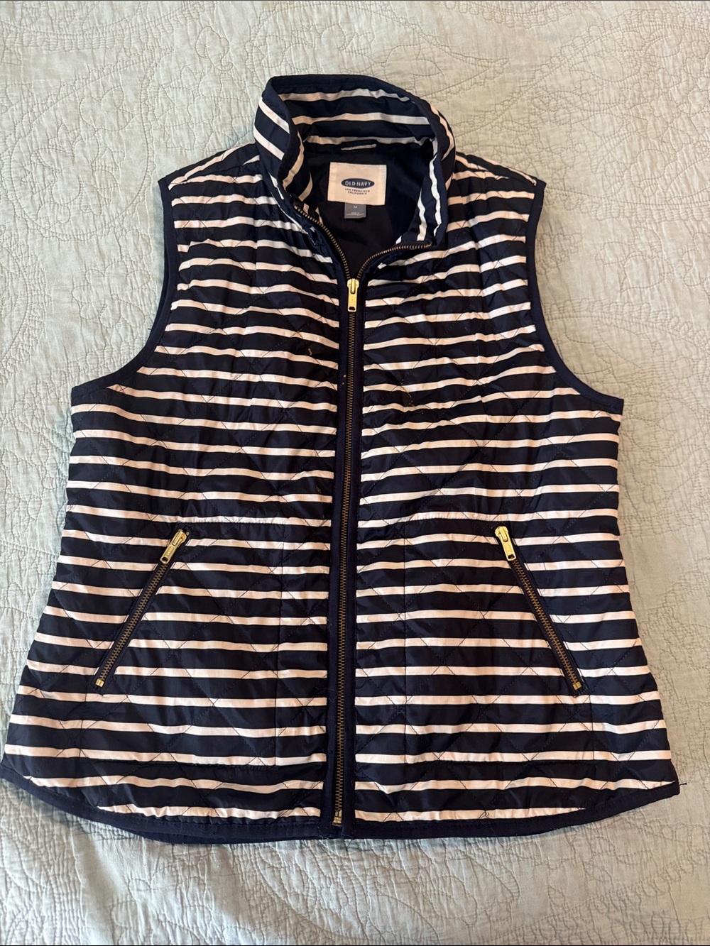 Old Navy Navy and White Striped Quilted Puffer Vest